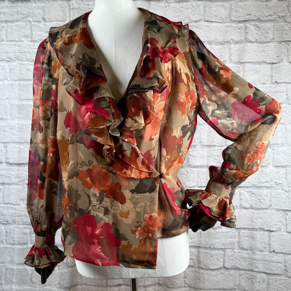 Vtg Capriccio Sheer Silk Floral Blouse Women's 8 Medium Ruffled Shirt